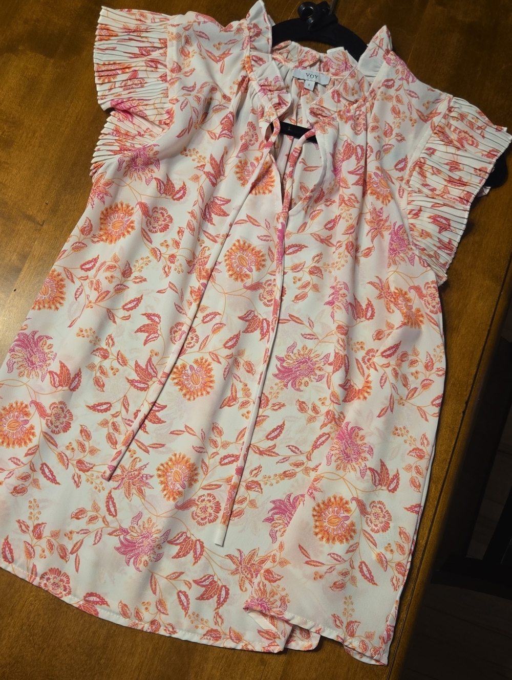 Floral Tie-Neck Flutter Sleeve Top - Pink & Orange
